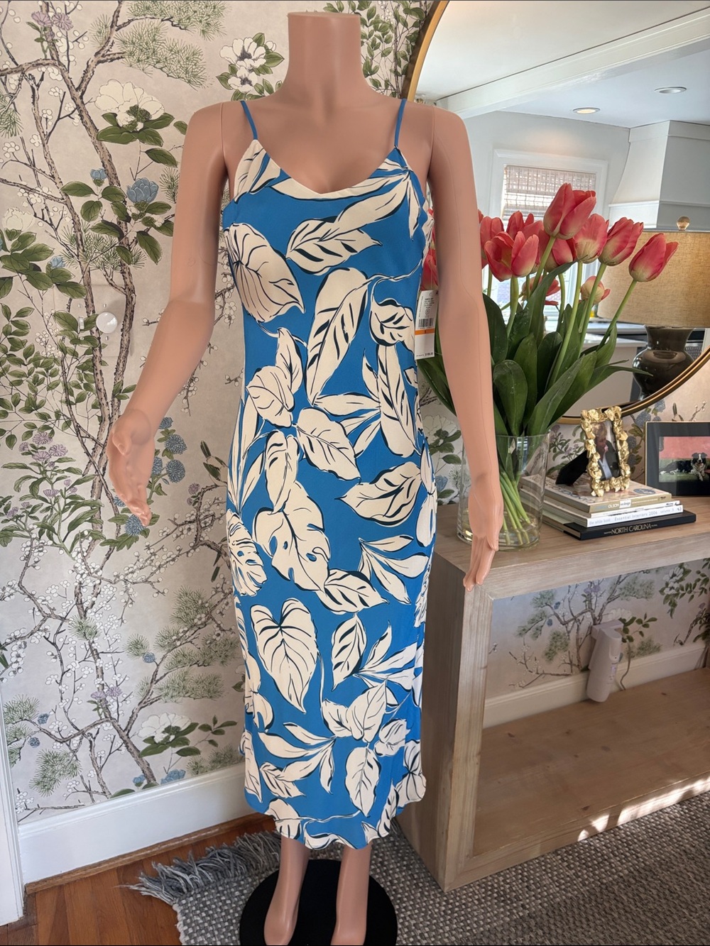 Karen Kane Blue and Cream Leaf-Print Midi Slip Dress